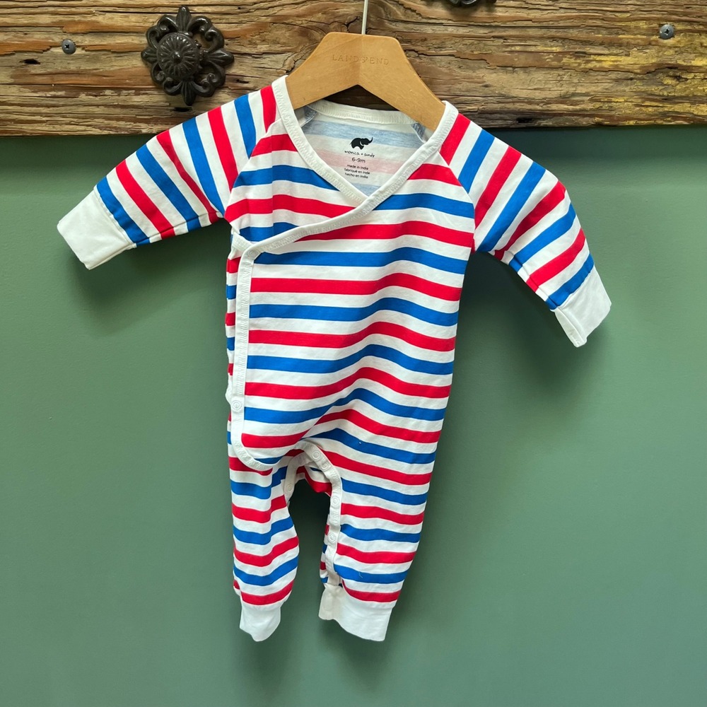 Monica + Andy Baby Red White Blue Striped Kimono Romper 6-9M Long Sleeve Snap